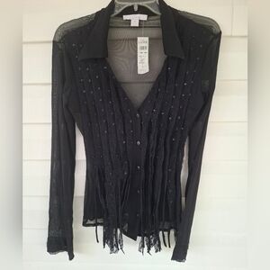Cache Luxe Black Mesh Deep.V Neck Top Size Medium NWT